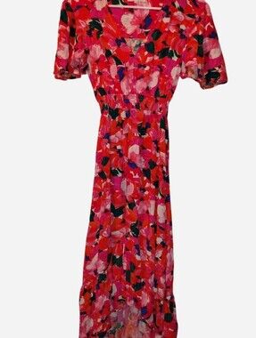 Abel The Label Floral High-Low Maxi Dress XS Smocked Waist Flutter Sleeve